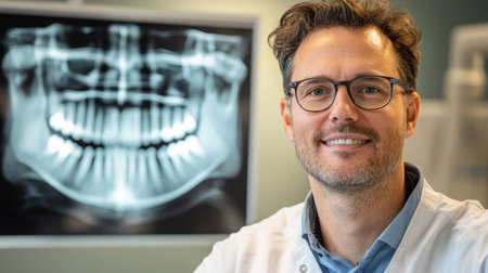 Dentist smiles confidently while reviewing digital x-ray in modern dental officeの素材