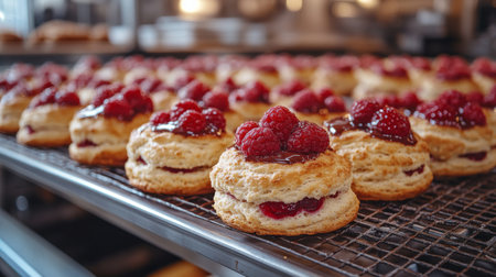 Freshly made pastries topped with raspberries cooling in a bakery kitchen during the morning rush. Generative AIの素材