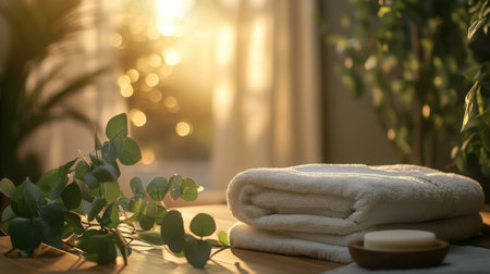 Serene multisensory aromatherapy setup with towels and greenery at sunsetの素材