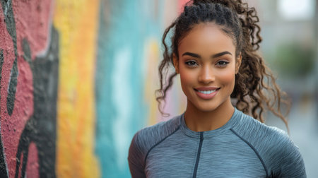 Confident young woman poses in athletic wear against vibrant urban mural in sunny city setting. Generative AIの素材