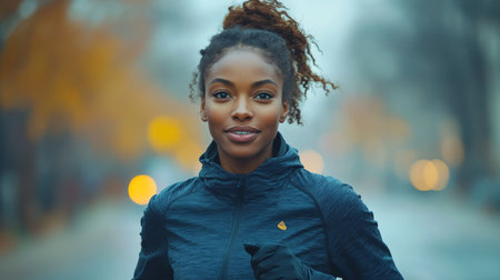 Outdoor running session in a city during autumn with a young woman showcasing focus and determination. Generative AIの素材