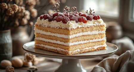 Delicious layered cake topped with fresh berries displayed on a rustic table in a cozy setting. Generative AIの素材