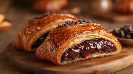 Delicious chocolate croissants served on a wooden board with chocolate chips and warm, flaky pastry in a cozy environment. Generative AIの素材