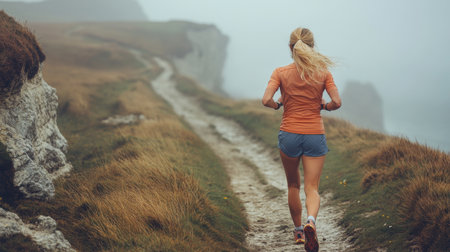 Running along a misty coastal path at dawn with fog and cliffs in the background. Generative AIの素材