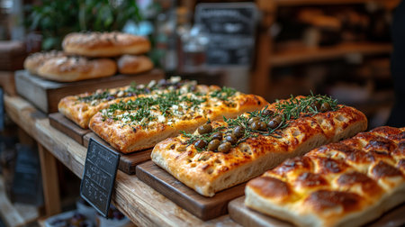 Freshly baked artisan bread and focaccia on display at a local market during a sunny afternoon. Generative AIの素材