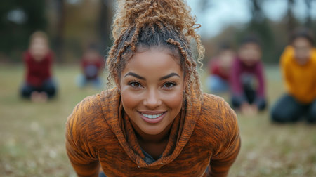 Smiling woman leads outdoor fitness session among children on a sunny day in the park. Generative AIの素材