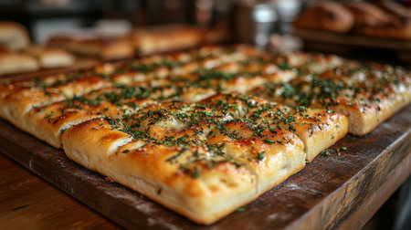 Freshly baked focaccia bread topped with herbs displayed on a wooden board in a cozy bakery kitchen. Generative AIの素材