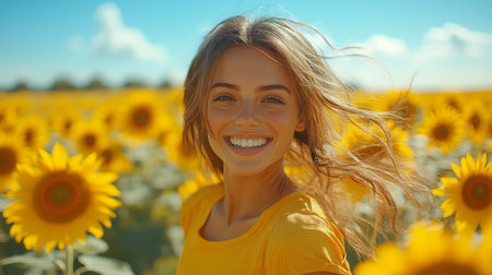 Bright girl smiling in a sunflower field under a sunny sky on a warm day. Generative AIの素材