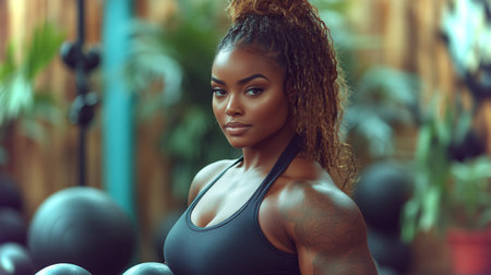Strong female athlete lifting weights in a vibrant gym surrounded by fitness equipment and greenery. Generative AIの素材