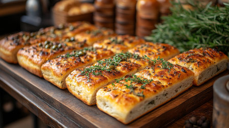 Freshly baked herb bread displayed on a wooden platter in a cozy bakery setting. Generative AIの素材