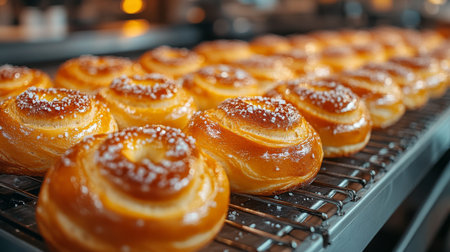 Freshly baked sweet rolls cooling on a rack in a busy bakery during the morning rush. Generative AIの素材