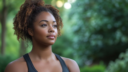 Young woman practicing mindfulness outdoors in a lush green park during the early morning hours. Generative AIの素材
