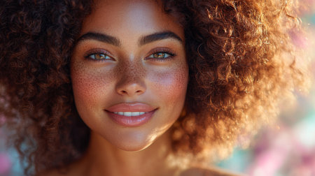 Smiling woman with curly hair showcasing natural beauty in a colorful outdoor setting during daylight. Generative AIの素材