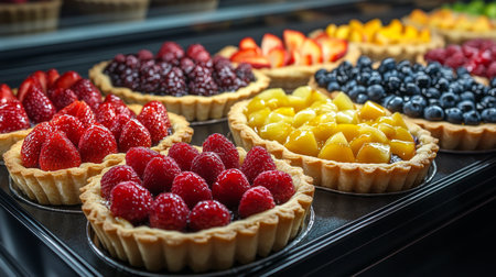 Colorful fruit tarts displayed in a pastry case at a bustling bakery during afternoon hours. Generative AIの素材