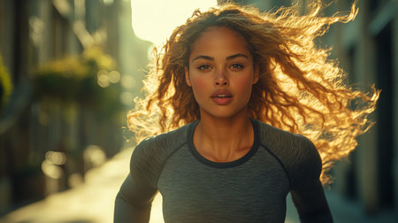 Woman runs through city street at golden hour, showcasing determination and energy in stylish athletic wear. Generative AIの素材