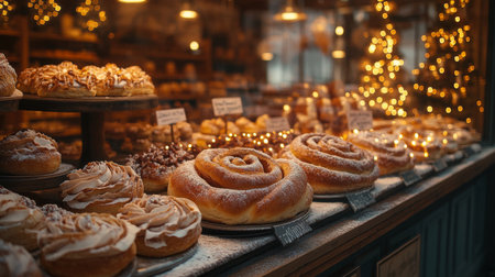 Delightful bakery display showcasing an array of pastries and sweets during a cozy evening in a festive setting. Generative AIの素材
