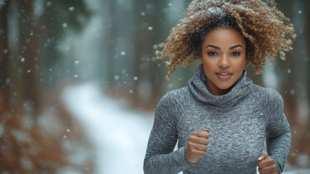 Woman jogging in snowy forest during winter morning with soft snowfall. Generative AIの素材