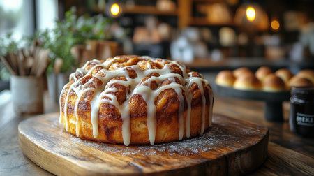 Freshly baked cinnamon roll with icing served in a cozy bakery setting during the afternoon. Generative AIの素材