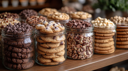 Variety of cookies displayed in glass jars at a bakery during daylight in a cozy setting. Generative AIの素材