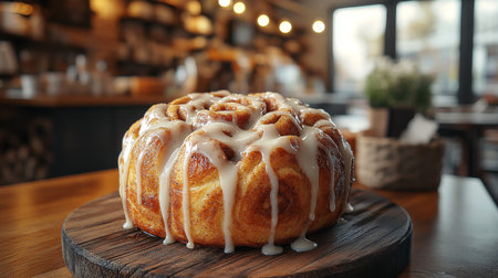 Freshly baked cinnamon roll cake served in a cozy cafe setting with warm lighting during the late afternoon. Generative AIの素材