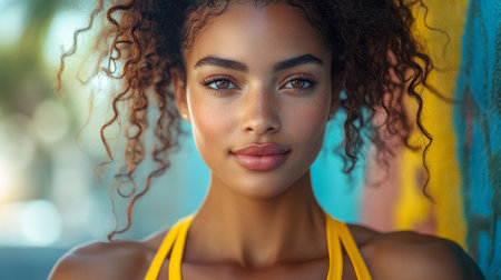 Young woman with curly hair smiles confidently against a colorful backdrop in an outdoor setting during daytime. Generative AIの素材