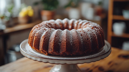 Delicious homemade bundt cake displayed on a decorative pedestal in a cozy kitchen setting. Generative AIの素材