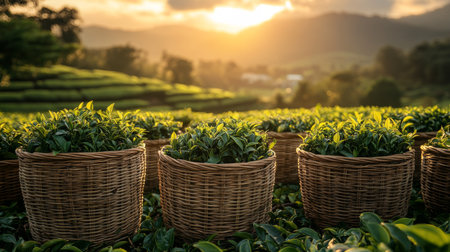 Tea leaves harvested in woven baskets during sunset in a lush hillside plantation. Generative AIの素材