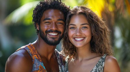 Smiling couple enjoying a sunny day in a tropical setting with lush greenery and vibrant colors around them. Generative AIの素材