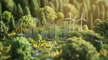 Innovative sustainable finance concepts showcased in natural landscape with wind turbinesの素材