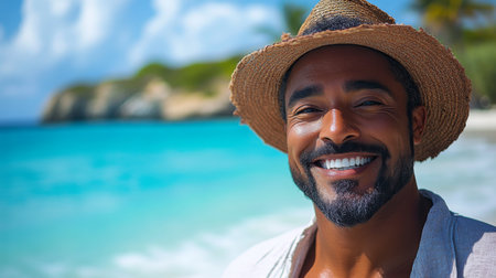Smiling man enjoying a sunny day at the beach with turquoise waters in the background and fluffy clouds overhead. Generative AIの素材