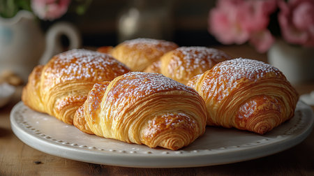 Freshly baked croissants with powdered sugar on a rustic plate in a cozy kitchen setting during the morning hours. Generative AIの素材