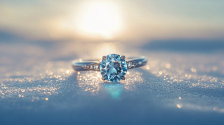 Gemstone engagement ring set against a stunning sunset backdrop on a snowy surfaceの素材