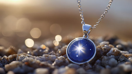 Beautiful blue gemstone pendant sparkling on sandy beach at sunsetの素材