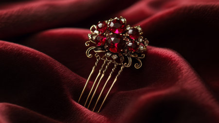 Elegant gemstone hair comb featuring red gemstones on luxurious fabricの素材