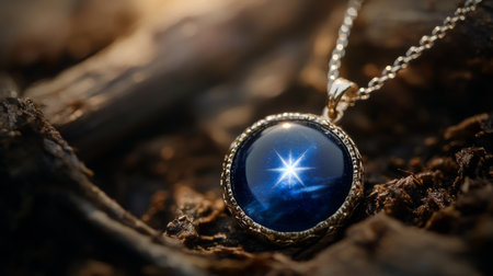 Beautiful gemstone pendant glistening in soft light on natural backgroundの素材