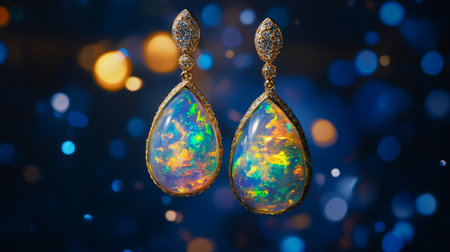 Vibrant gemstone earrings display dazzling opal colors against a sparkling backgroundの素材