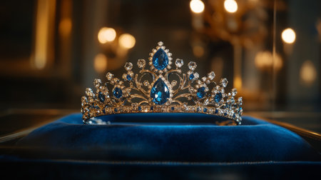 Exquisite gemstone crown displayed in an elegant settingの素材