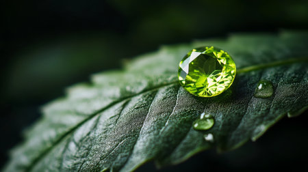 Brilliant gemstone resting on a lush green leaf with water droplets in a natural settingの素材