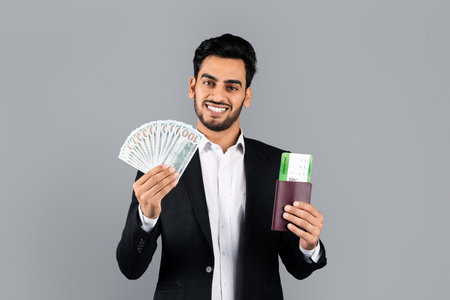 Successful Middle Eastern businessman holding cash and wallet in studio