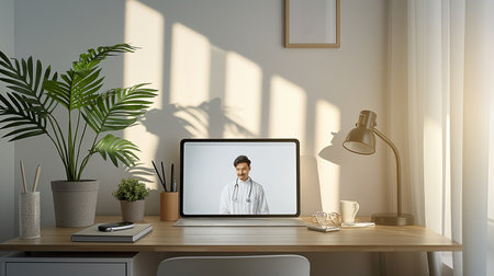Modern workstation shows a digital therapy session with a health professional on screenの素材