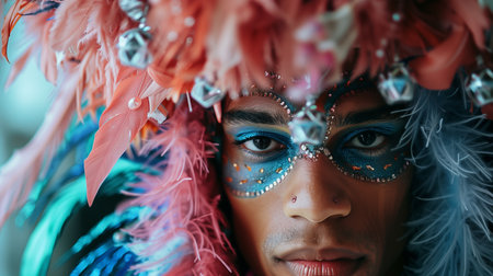 A participant in a stunning costume shows off intricate makeup and bright feathersの素材