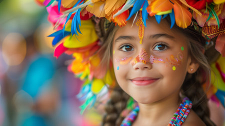 A young girl beams in a colorful headpiece and festive face paint at a celebrationの素材