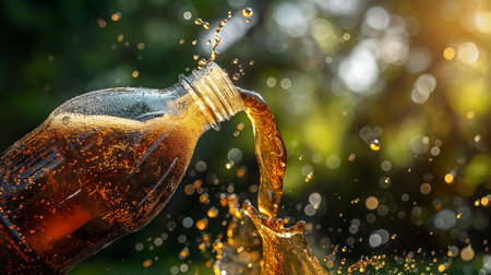 Dark brown liquid splashes out of a bottle, sparkling in sunlight with droplets suspended in airの素材