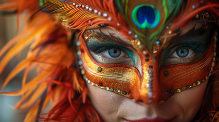 Close up of a colorful, intricate masquerade mask at a festive eventの素材
