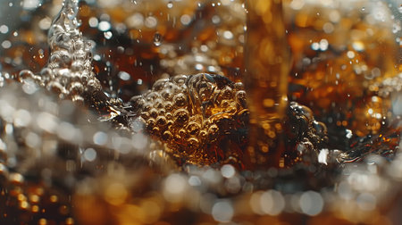 Dark beverage is poured into a glass, creating a cascade of bubbles and sparkling reflectionsの素材