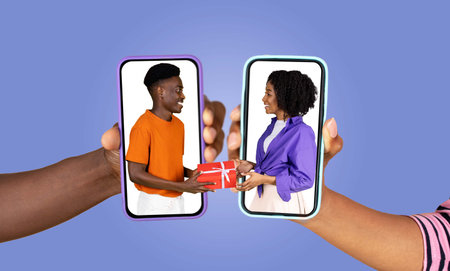 Couple connected through smartphones sharing love messages and gifts online