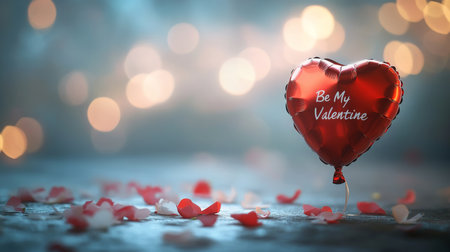 Heart-shaped balloon with romantic message amid scattered rose petals in soft-lit settingの素材