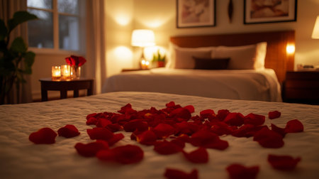 Romantic bedroom setting with rose petals arranged on the bed for a special occasionの素材