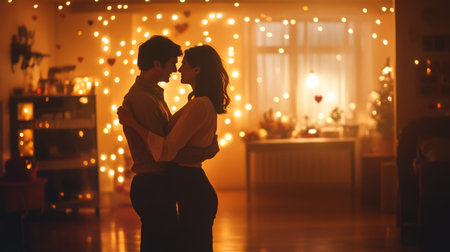 Intimate moment shared between a couple in a warmly lit room decorated with fairy lightsの素材