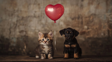 Cute kitten and puppy together with a heart-shaped balloon in a rustic settingの素材